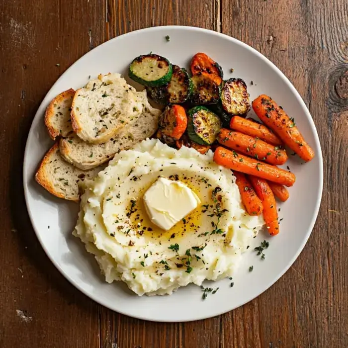 A plate of creamy mashed potatoes topped with butter, served alongside roasted carrots, zucchini, and slices of herb bread.