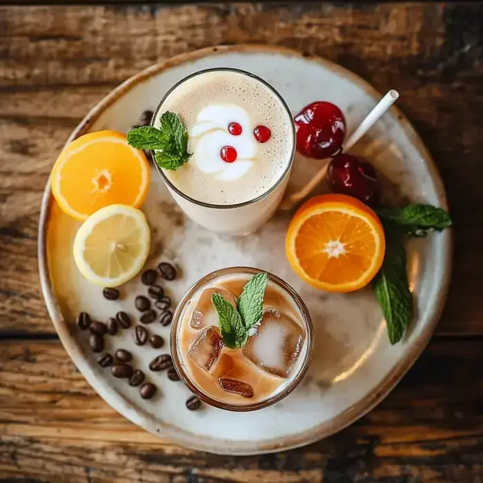 A round plate features two stylish drinks, one topped with whipped cream and garnished with mint and red berries, alongside citrus slices and coffee beans.