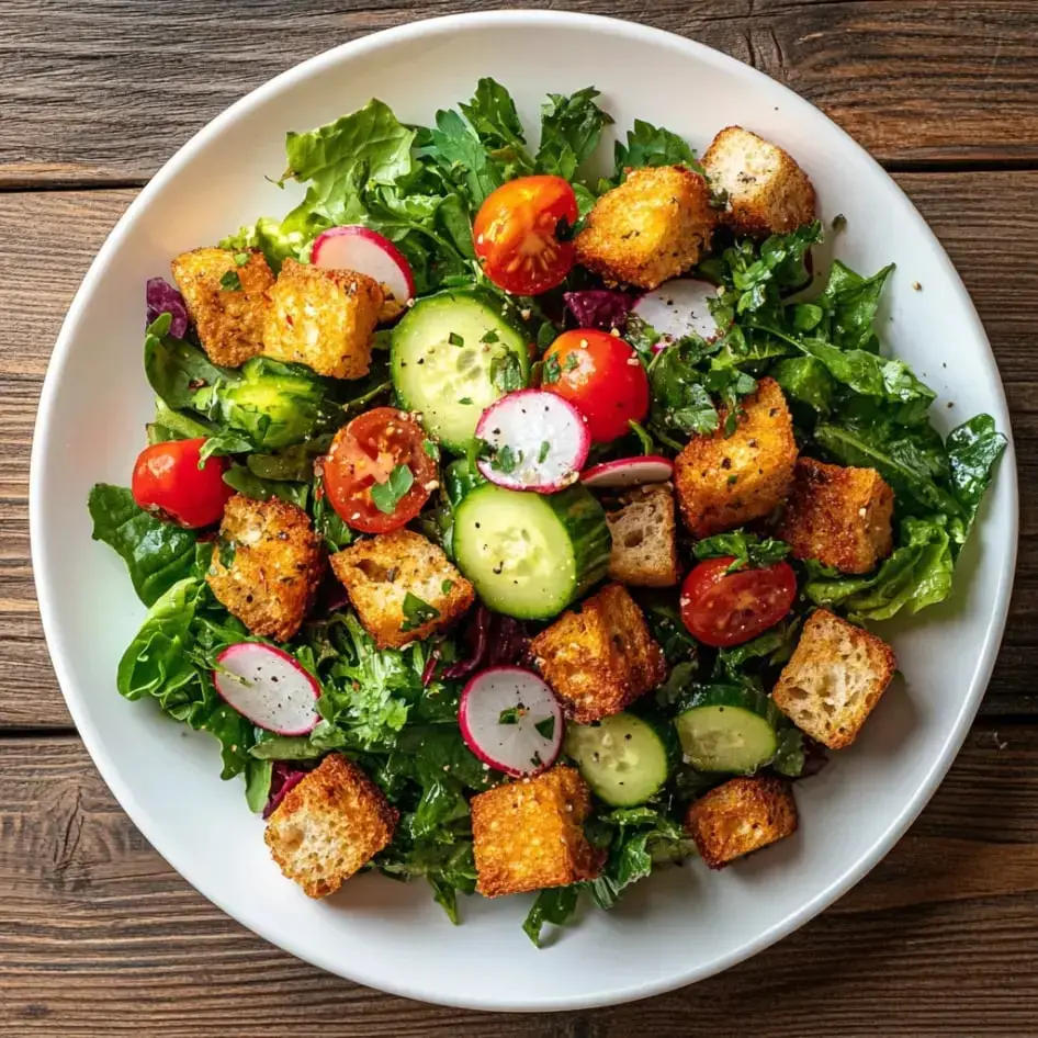 A fresh salad featuring mixed greens, cherry tomatoes, cucumber slices, radishes, and crunchy croutons in a white bowl.