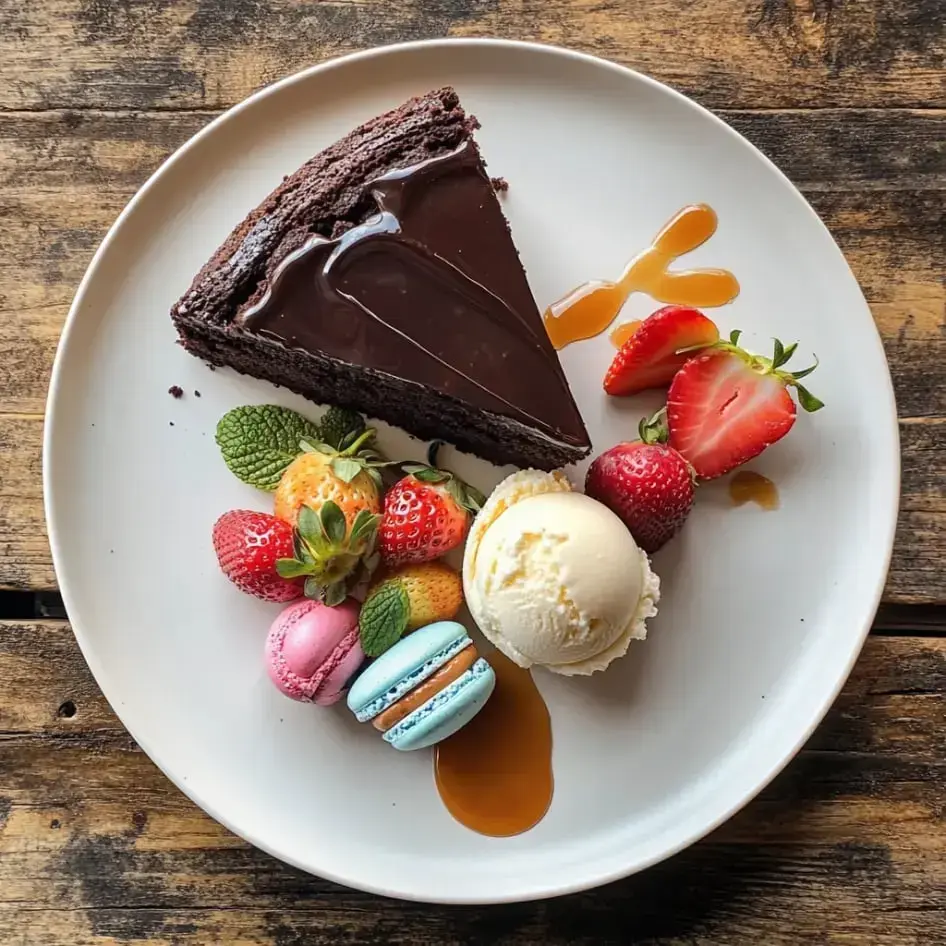 A slice of chocolate cake is displayed on a plate alongside ice cream, colorful macarons, fresh strawberries, and a drizzle of caramel sauce.