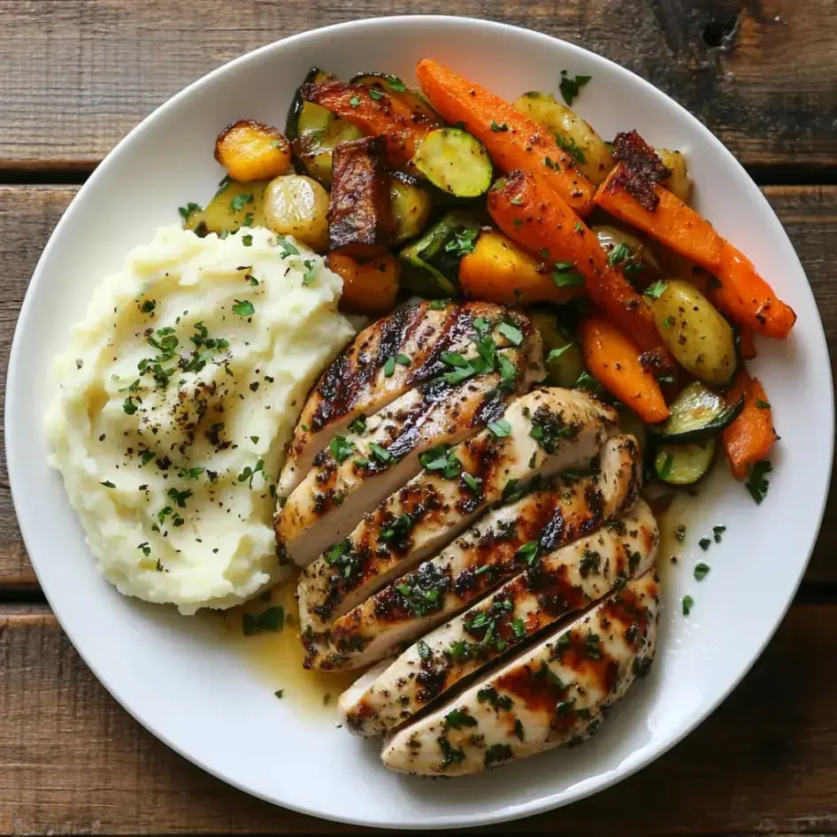 A plate of grilled chicken breast slices served with creamy mashed potatoes and a medley of sautéed vegetables, including carrots and zucchini, garnished with herbs.