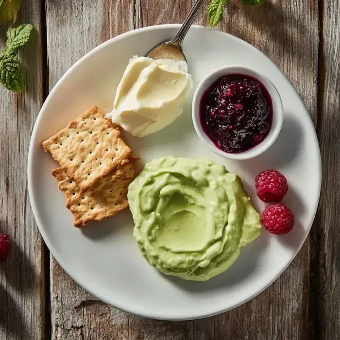 A plate with crackers, butter, avocado mash, raspberry jam, and fresh raspberries.