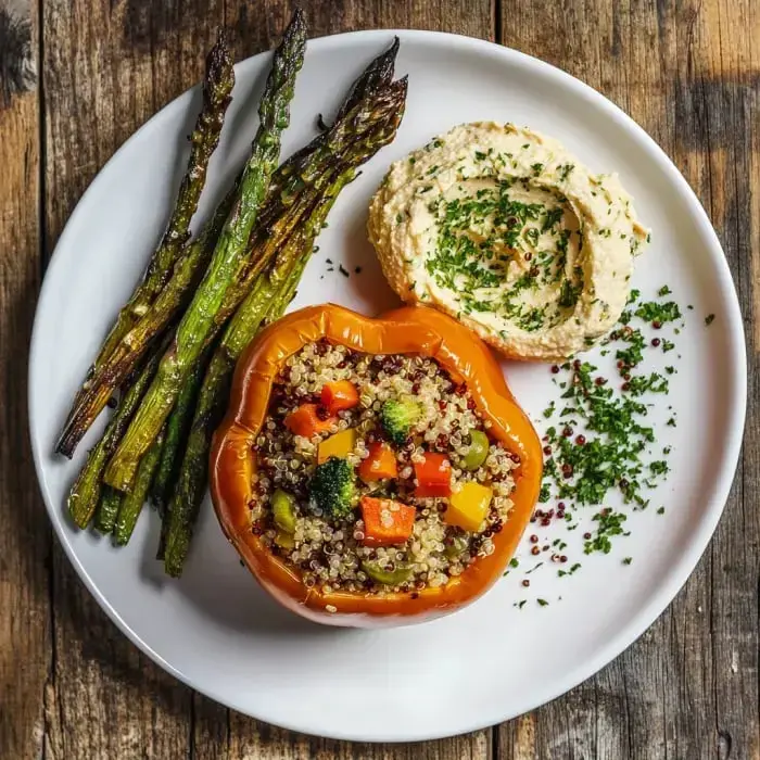 A stuffed orange bell pepper filled with quinoa and vegetables, served with roasted asparagus and a dollop of hummus sprinkled with herbs on a white plate.