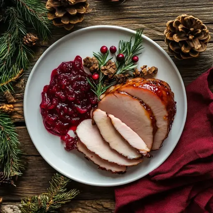 A plate of sliced glazed ham accompanied by cranberry sauce, garnished with rosemary and red berries, set against a rustic wooden background.