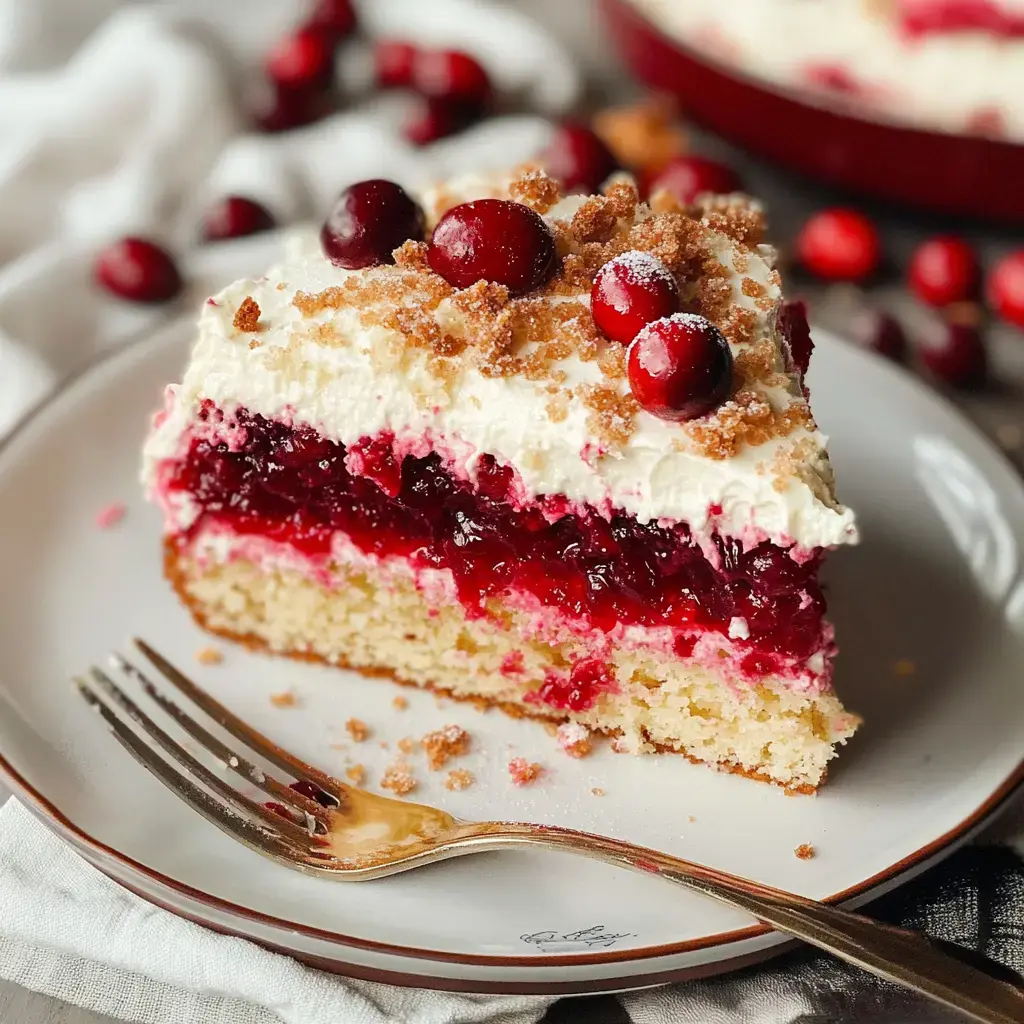 A slice of layered cranberry cake topped with whipped cream, cranberries, and a crumbly topping, served on a plate with a fork.