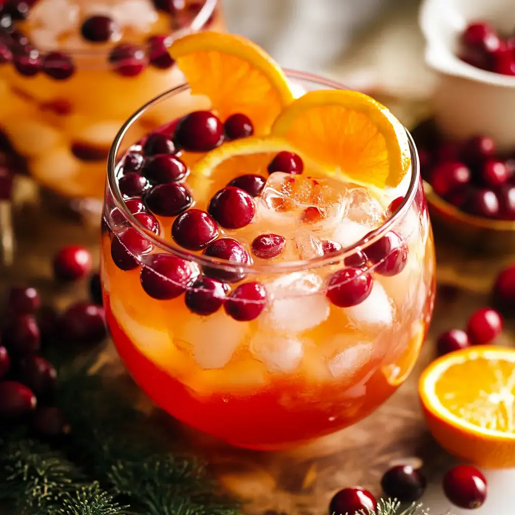 Two drinks filled with ice, garnished with orange slices and cranberries, are set against a wooden background with additional cranberries and orange wedges nearby.