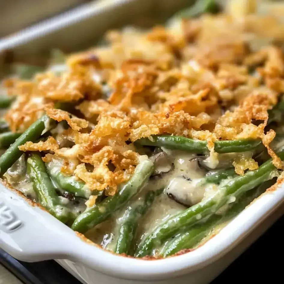 A creamy green bean casserole topped with crispy fried onions in a white baking dish.