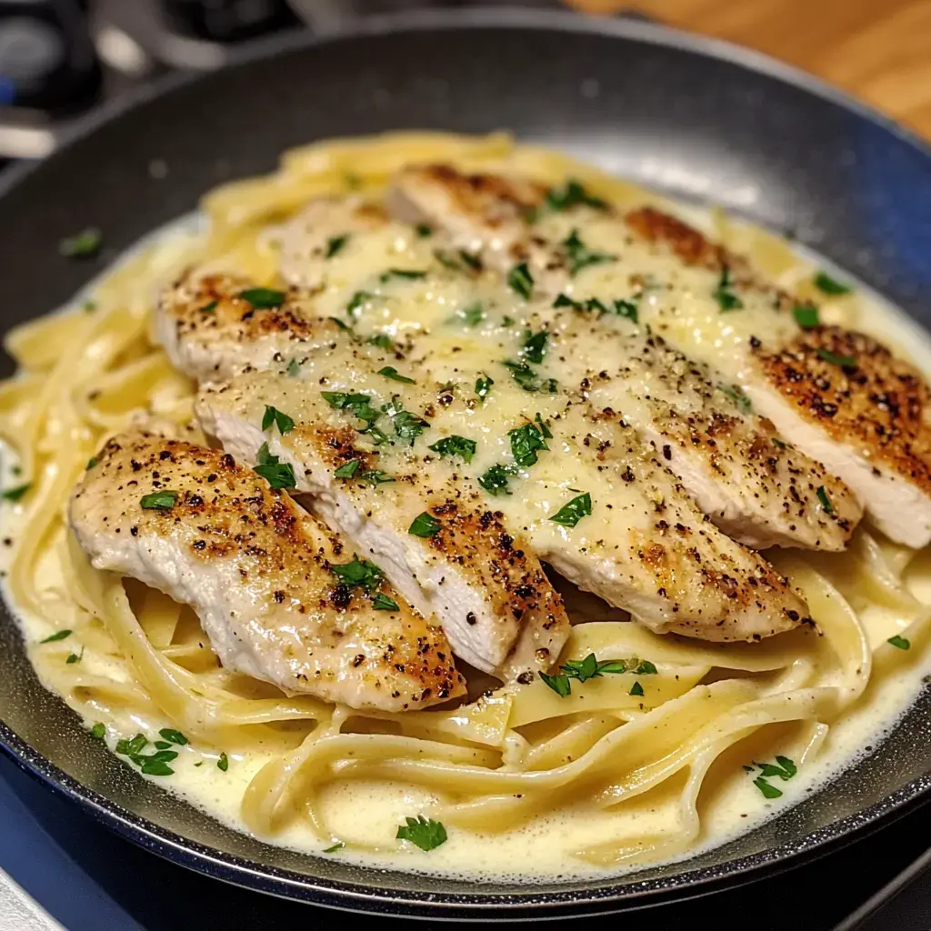 A plate of fettuccine topped with grilled chicken and a creamy sauce, garnished with parsley.