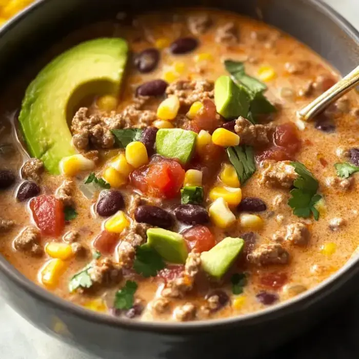 A close-up of a bowl of creamy soup containing ground meat, black beans, corn, diced tomatoes, and garnished with avocado and cilantro.