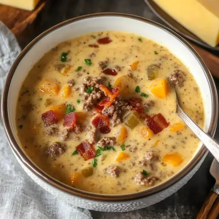 A bowl of creamy soup filled with ground beef, diced vegetables, and bacon bits, garnished with parsley.