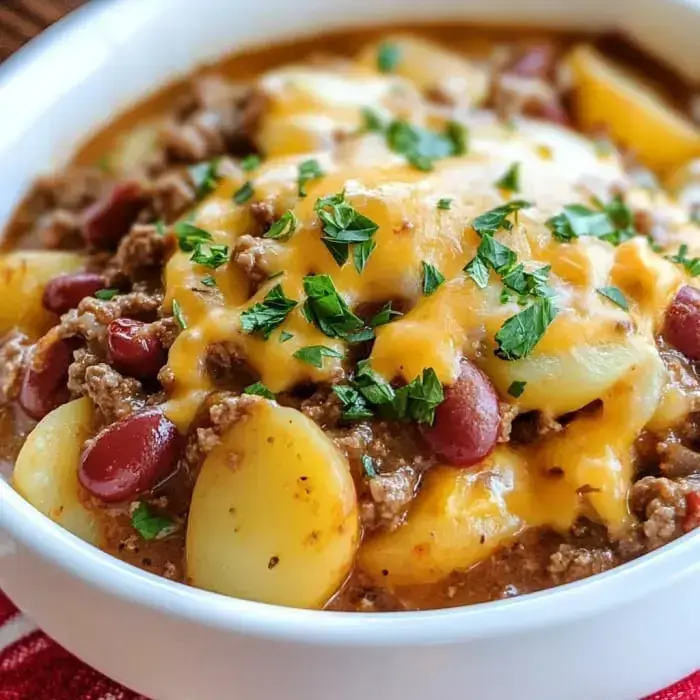 A bowl of hearty stew featuring ground beef, kidney beans, potatoes, and melted cheese, garnished with fresh parsley.