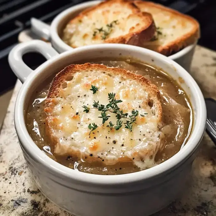 A bowl of French onion soup topped with a slice of toasted bread and melted cheese, garnished with fresh thyme.