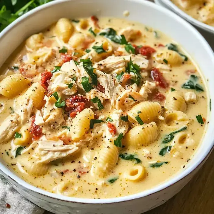 A creamy pasta dish featuring shell pasta, shredded chicken, sundried tomatoes, and spinach, garnished with fresh herbs.