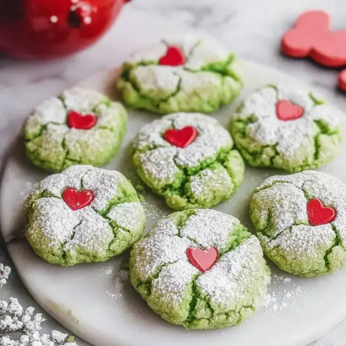 A plate of vibrant green cookies dusted with powdered sugar, each topped with a small red heart-shaped candy.