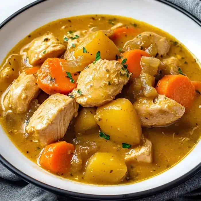 A bowl of chicken stew featuring tender chunks of chicken, carrots, and potatoes in a savory broth, garnished with parsley.