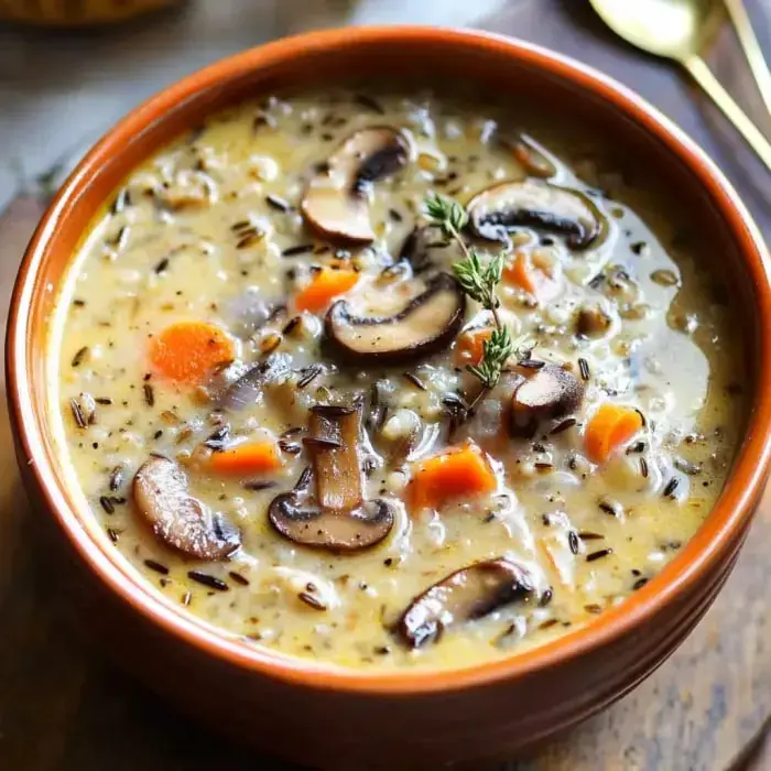 A hearty bowl of creamy mushroom soup garnished with fresh thyme and containing carrots and grains.