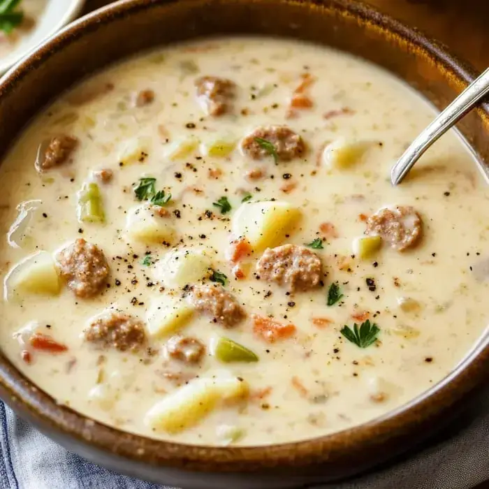 A bowl of creamy potato soup with chunks of sausage, potatoes, and vegetables, garnished with herbs and pepper.