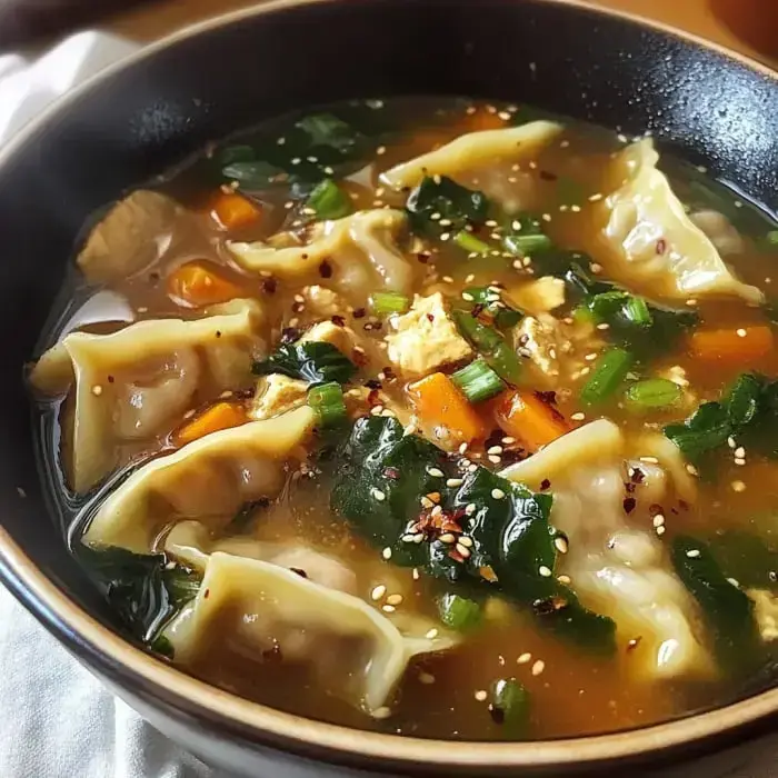 A bowl of soup with dumplings, vegetables, and sesame seeds garnished on top.