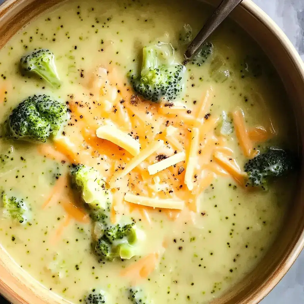 A close-up of creamy broccoli cheese soup topped with shredded cheddar and black pepper in a bowl.