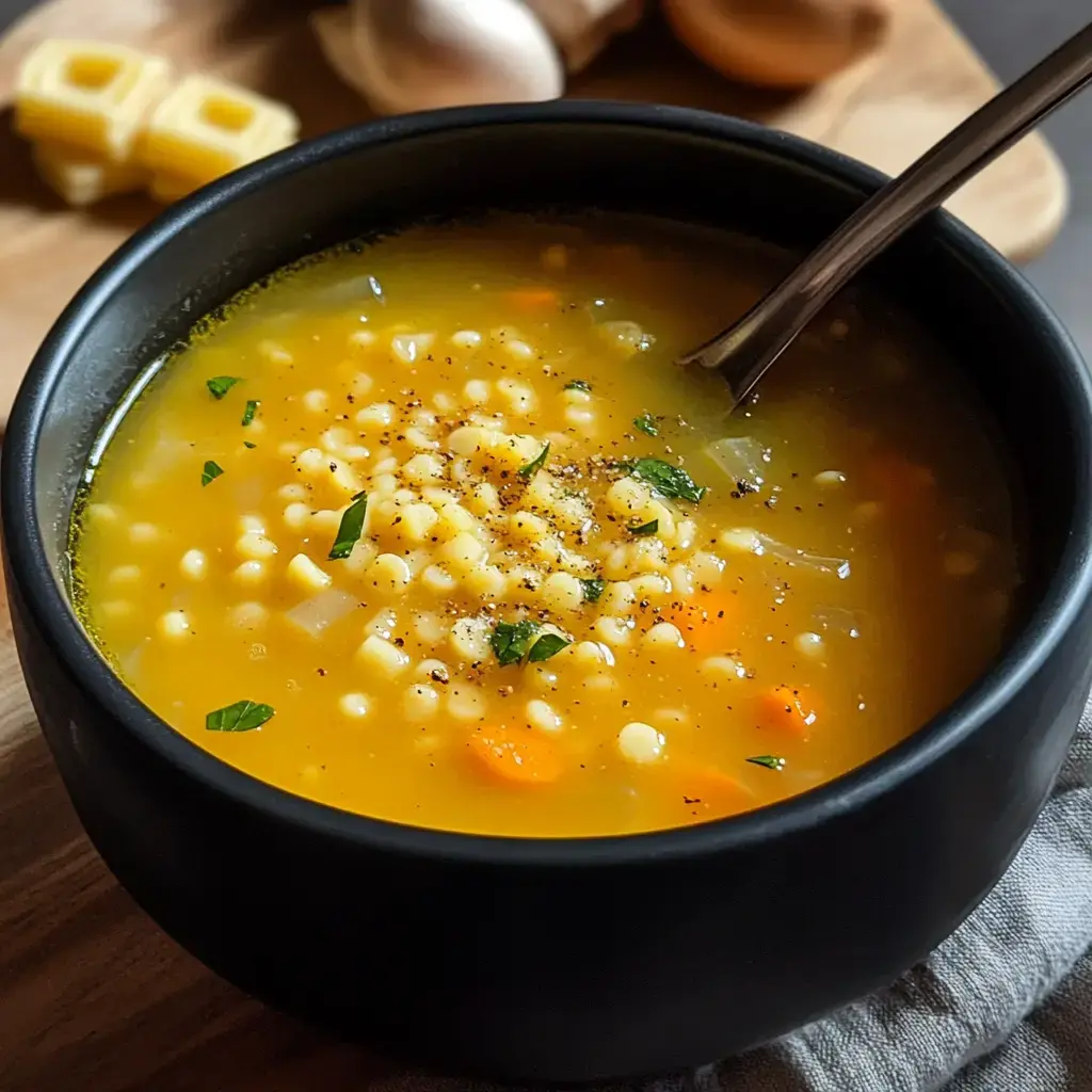 A close-up of a bowl of broth with small pasta, carrots, and herbs, garnished with pepper.