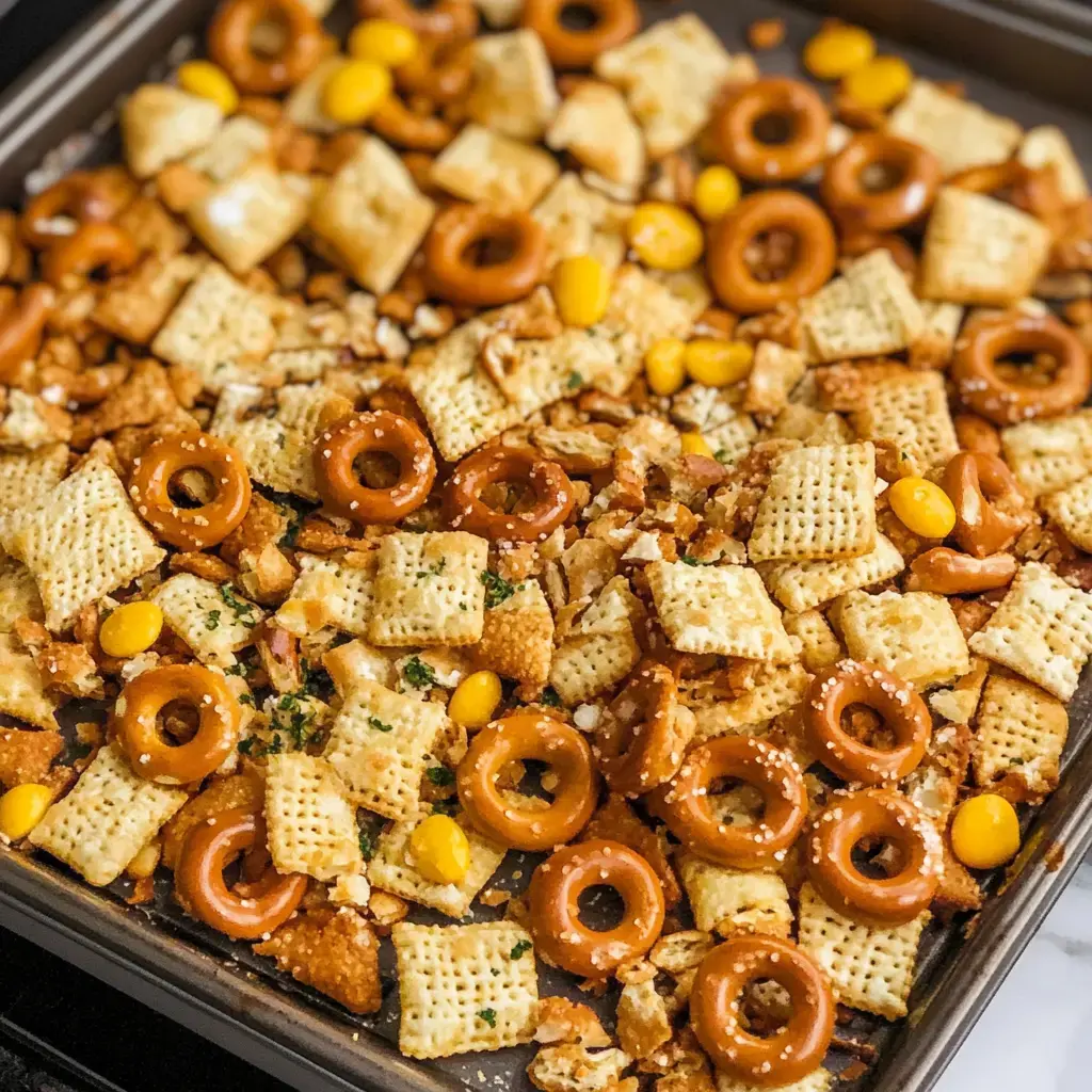 A close-up view of a tray filled with a mix of pretzels, snack crackers, and yellow candy-coated chocolates.