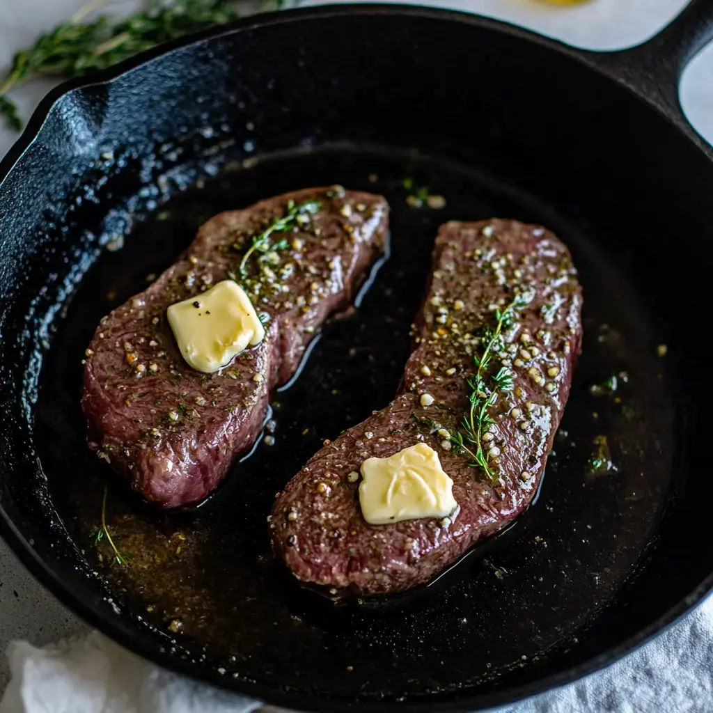 Two seasoned beef steaks with butter melting on top are frying in a cast iron skillet, garnished with fresh thyme.