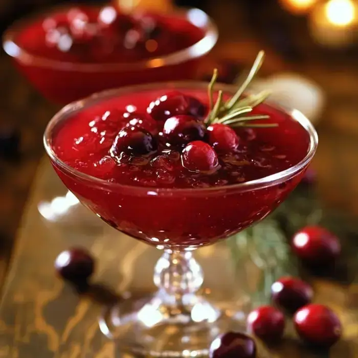 Two elegant glass bowls filled with red cranberry jelly, topped with fresh cranberries and a sprig of rosemary, are displayed on a wooden surface.