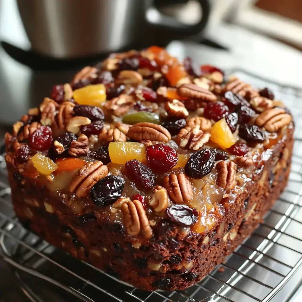 A richly topped fruitcake adorned with nuts and dried fruits, set on a wire rack.