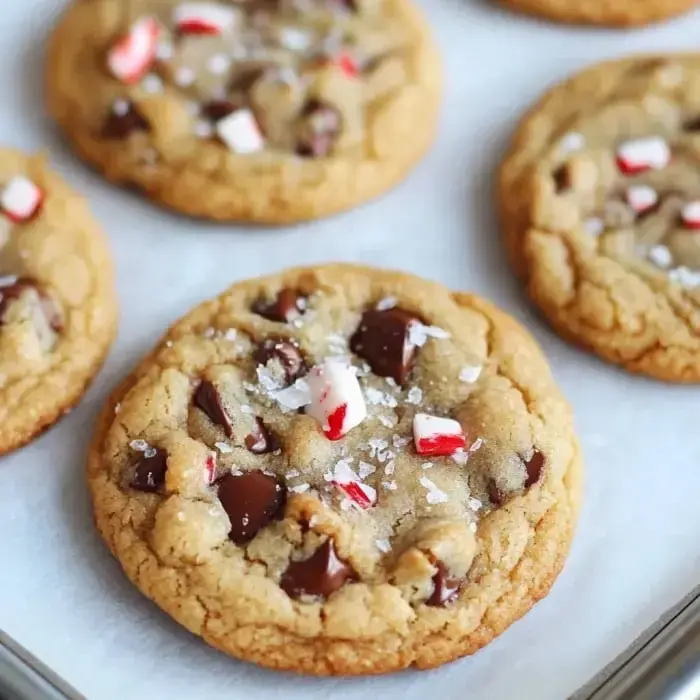 A tray of freshly baked cookies topped with chocolate chips, crushed peppermint, and a sprinkle of sea salt.