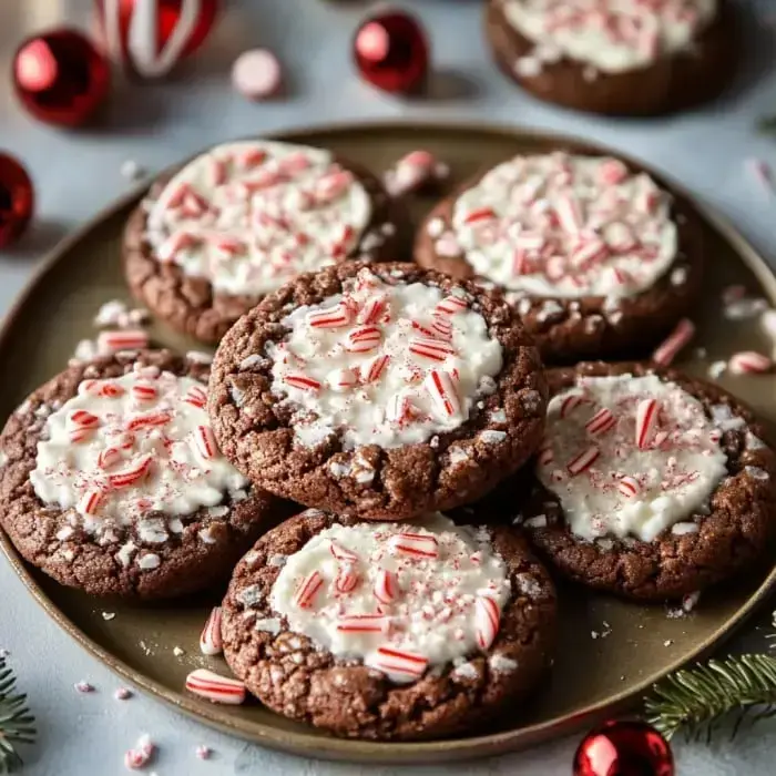 A plate of chocolate cookies with white icing and crushed peppermint pieces, surrounded by holiday decorations.