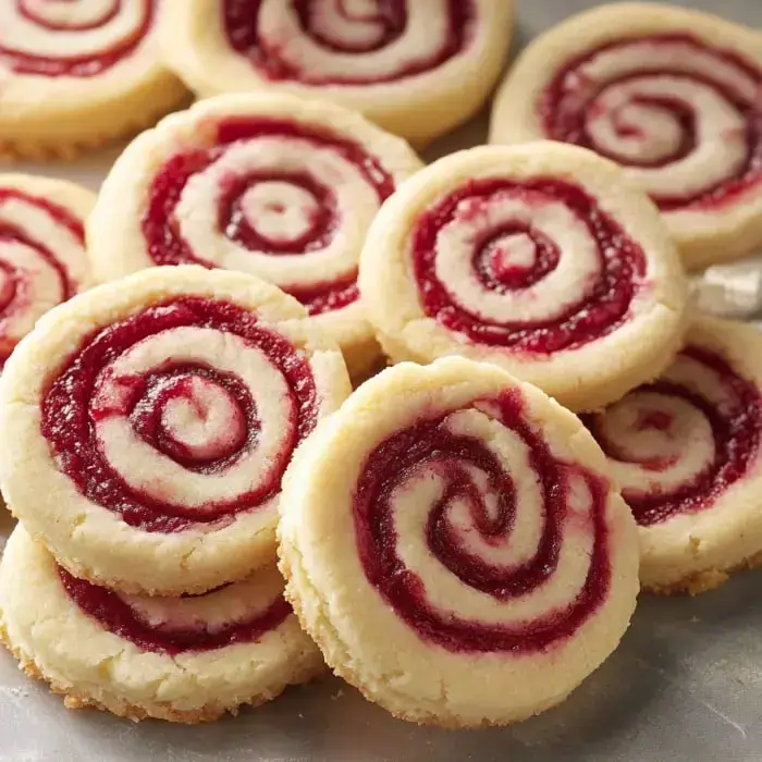 A close-up view of spiral jam-filled cookies arranged on a plate.