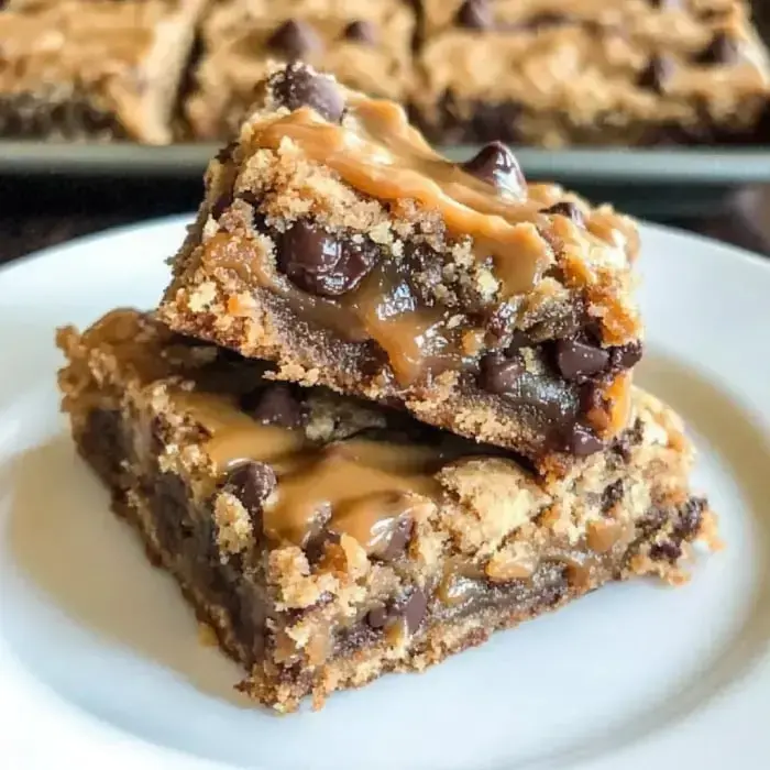 A plate holds two stacked, gooey chocolate chip cookie bars drizzled with caramel.