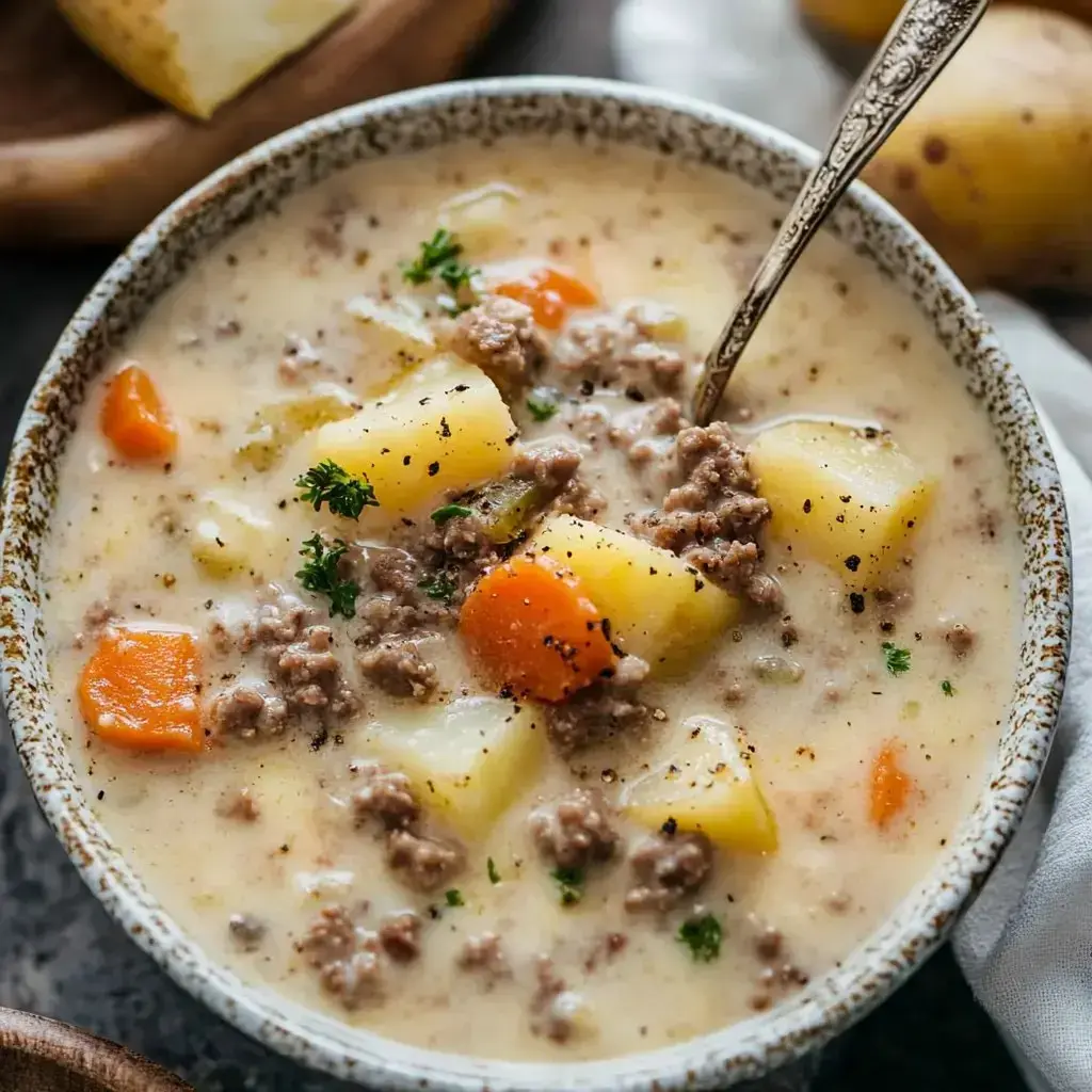 A bowl of creamy soup filled with chunks of potatoes, carrots, ground beef, and garnished with parsley.