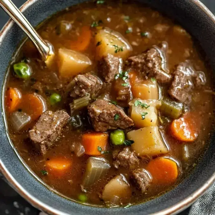 A bowl of hearty beef stew featuring chunks of beef, carrots, potatoes, peas, and celery in a rich broth.