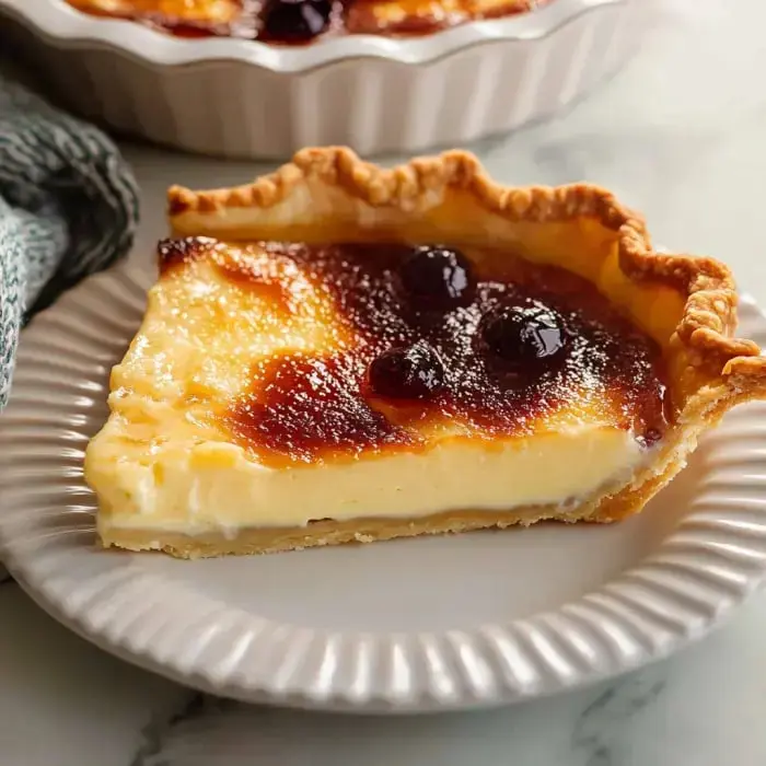 A slice of creamy custard pie with a golden-brown top and blackberries on a white plate.