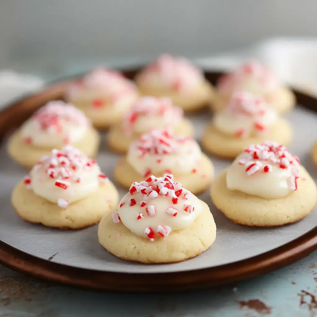 A tray of round cookies topped with white frosting and crushed peppermint candies.