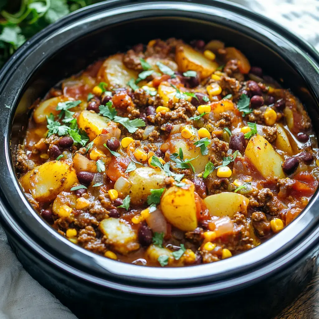 A thick and hearty stew featuring ground meat, diced potatoes, beans, corn, and chopped herbs, served in a black bowl.