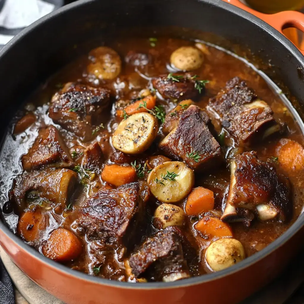 A hearty dish of braised beef chunks with carrots and potatoes in a rich sauce, garnished with fresh thyme.