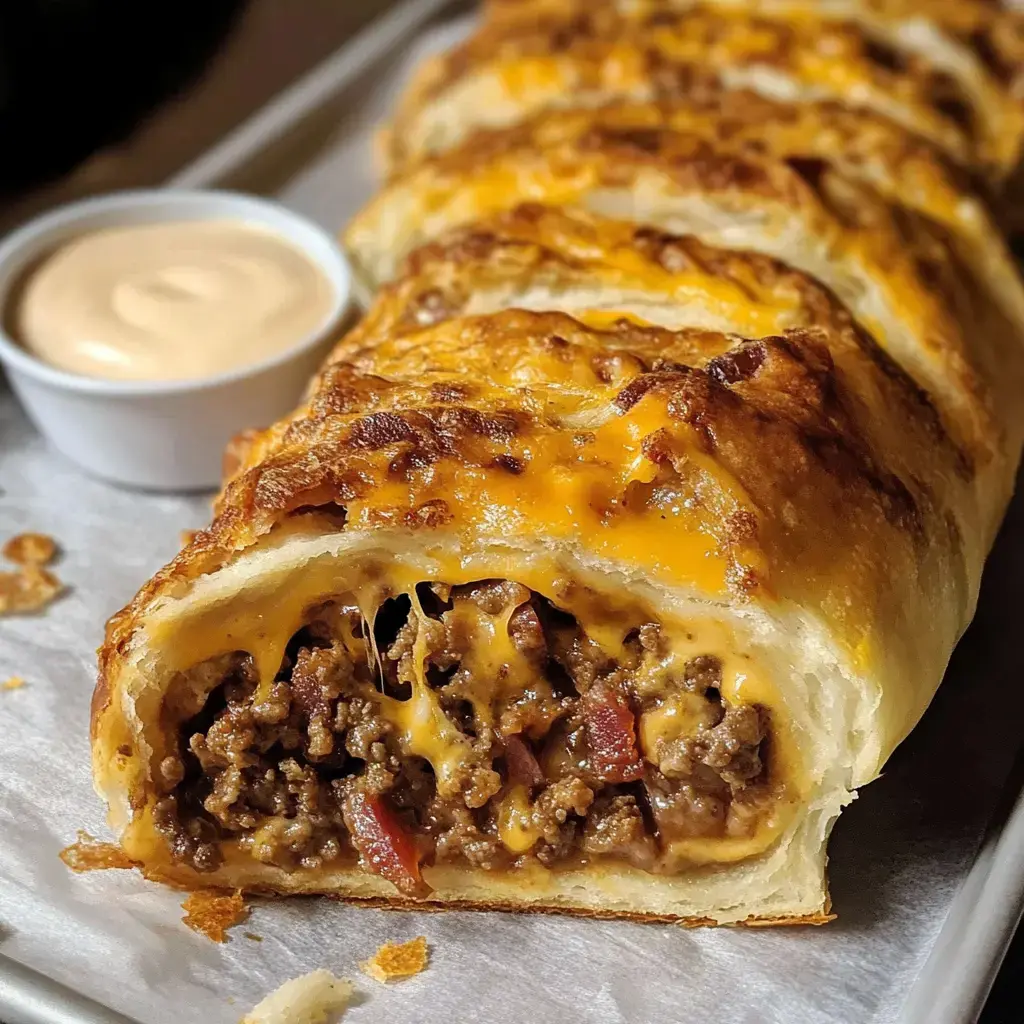 A freshly baked meat and cheese-filled pastry roll sliced open, served with a small bowl of dipping sauce.