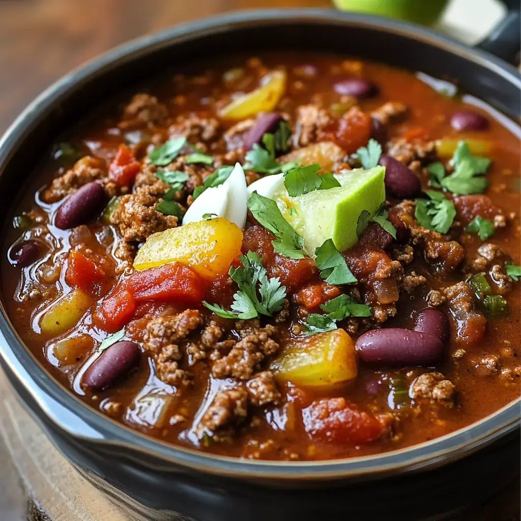 A steaming bowl of chili topped with cilantro, lime, and dollops of sour cream, featuring ground meat, beans, and colorful peppers.