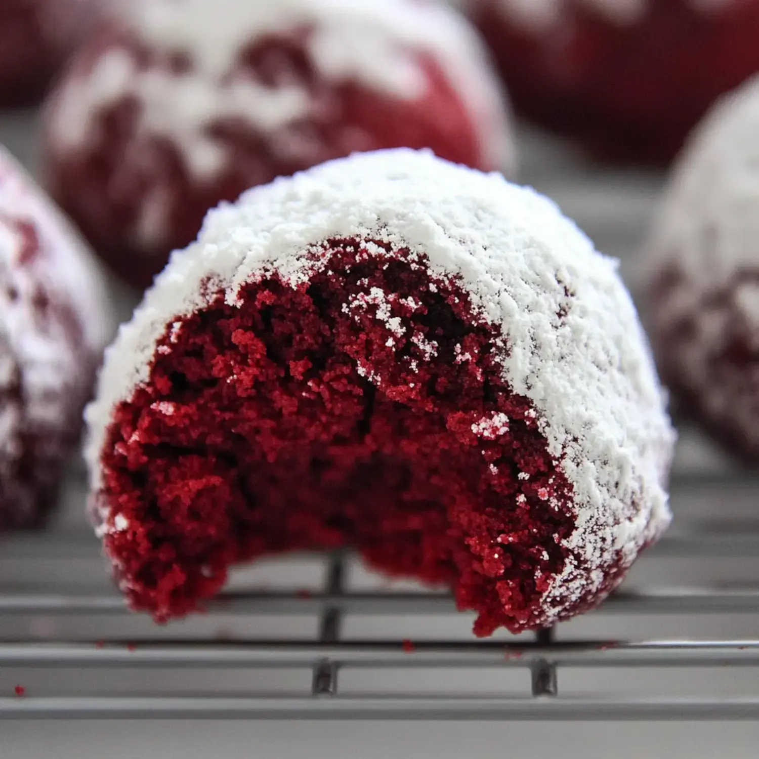 A close-up of a red velvet cookie with a bite taken out, dusted with powdered sugar, resting on a cooling rack.