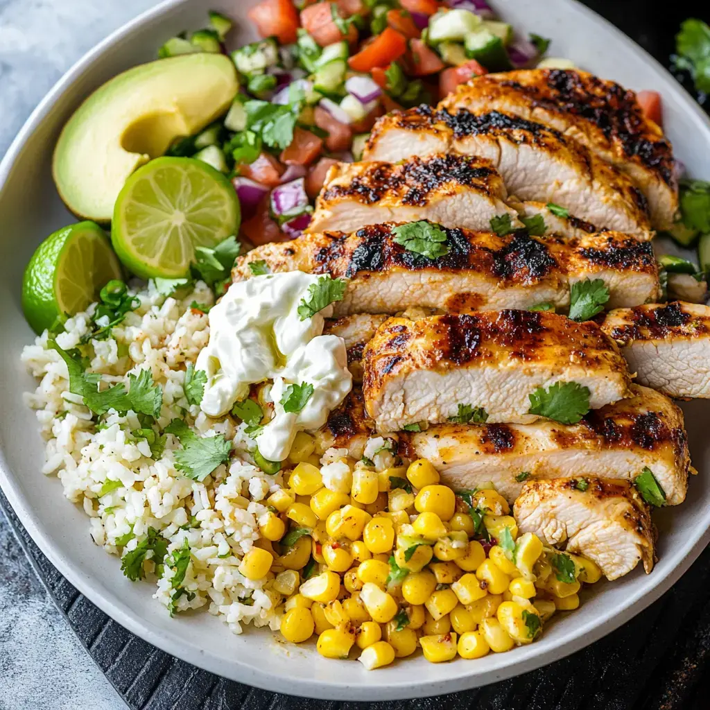 A plate filled with grilled chicken slices garnished with cilantro, alongside rice, corn, fresh avocado, lime wedges, and a side of pico de gallo.