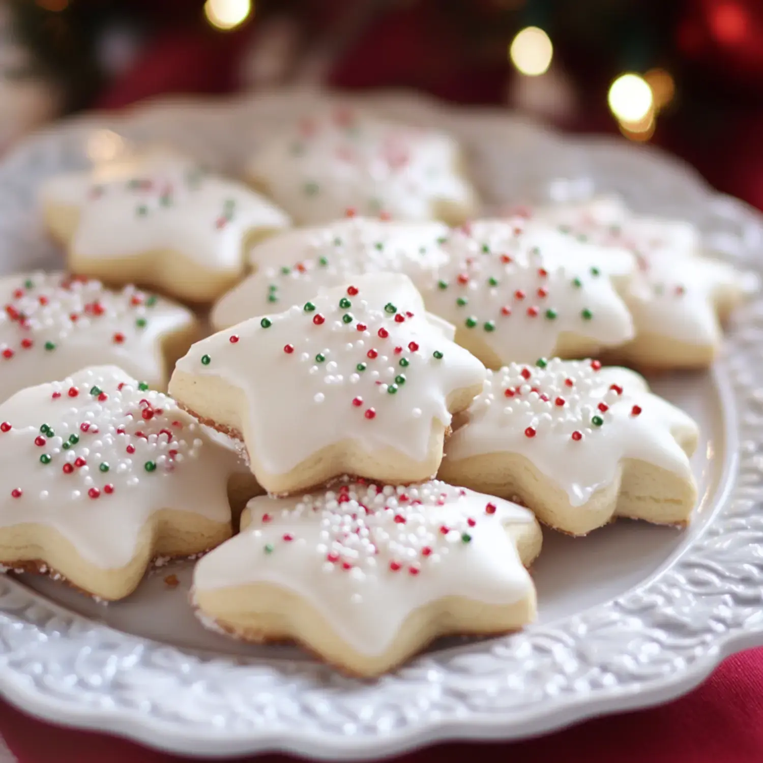 A plate of star-shaped cookies decorated with white icing and red and green sprinkles.