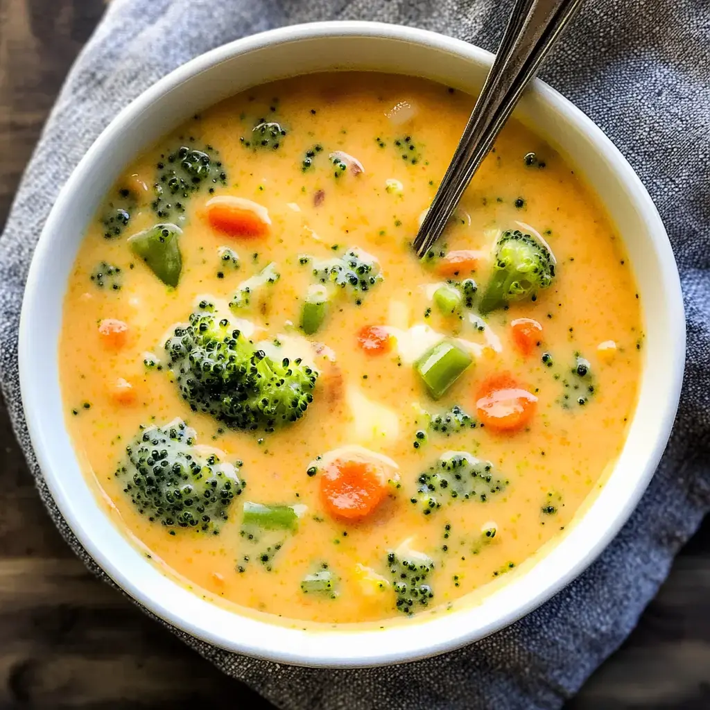 A bowl of creamy vegetable soup containing broccoli, carrots, and green peppers, with a spoon resting inside.