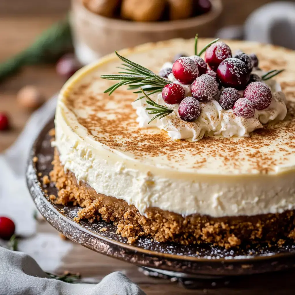 A beautifully decorated cheesecake topped with whipped cream, fresh cranberries, and a sprig of rosemary, set on a rustic wooden table.