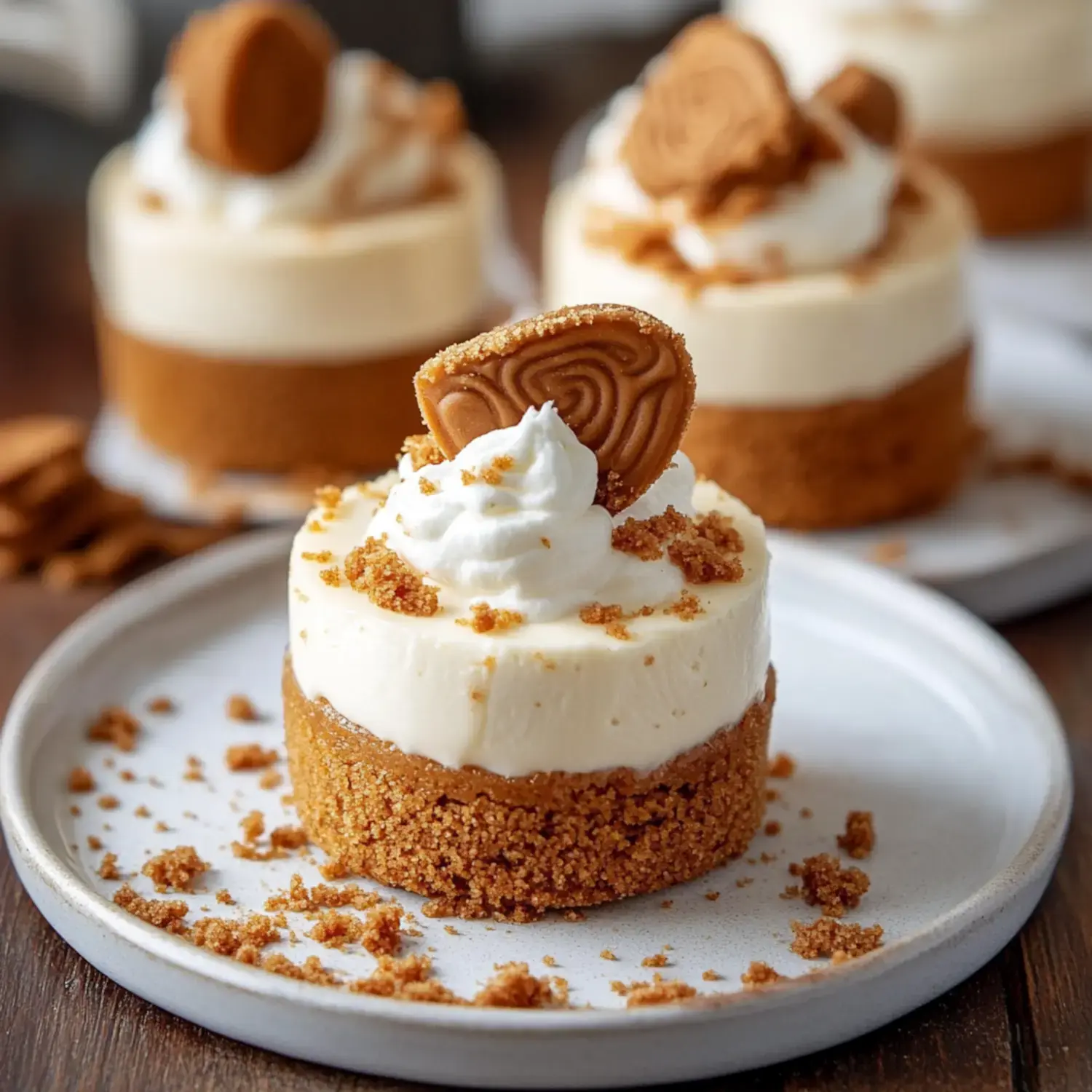 A close-up of a mini dessert with a creamy topping, a cookie on top, and scattered cookie crumbs on a plate.