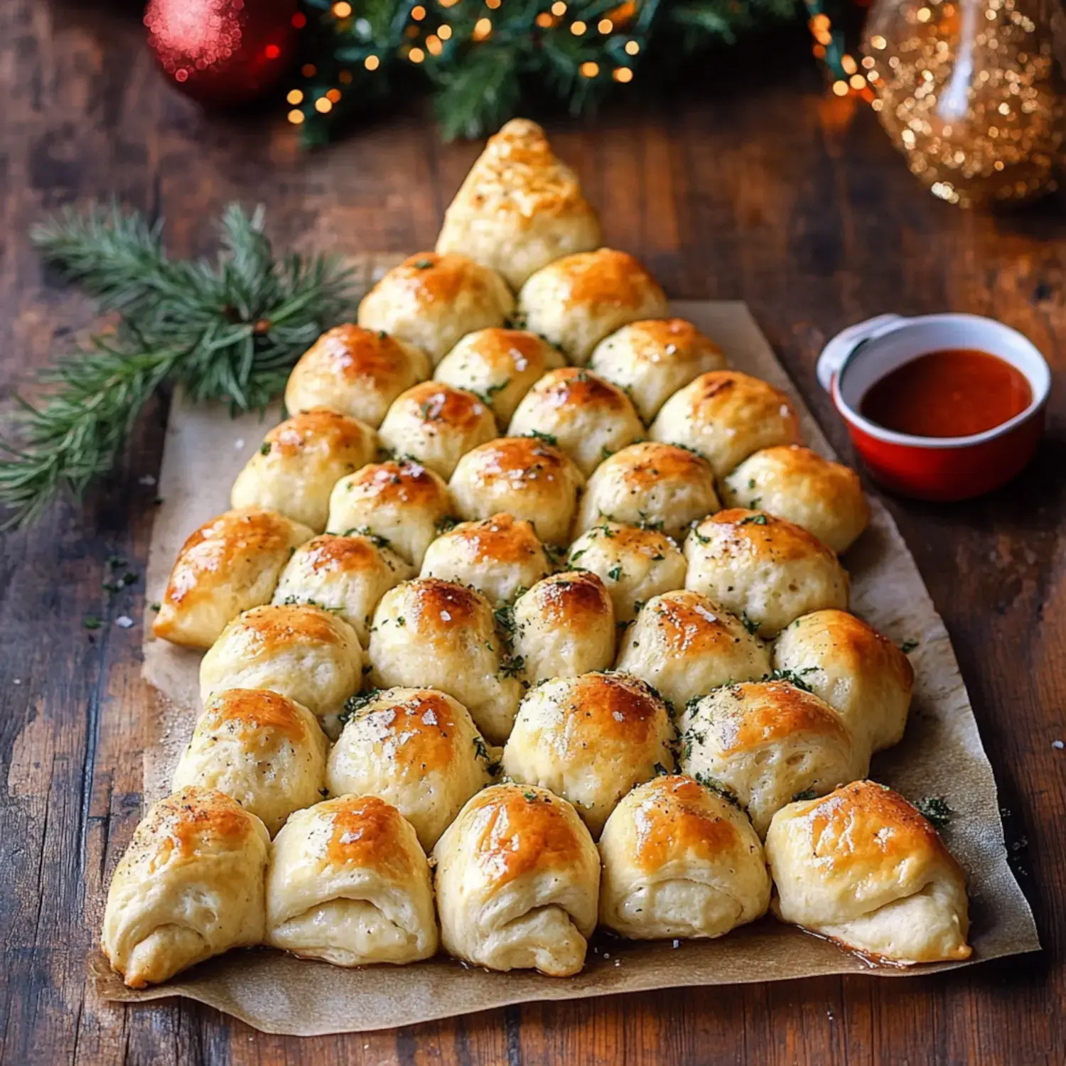 A festive arrangement of golden-brown bread rolls shaped like a Christmas tree, garnished with herbs, accompanied by a small bowl of dipping sauce.