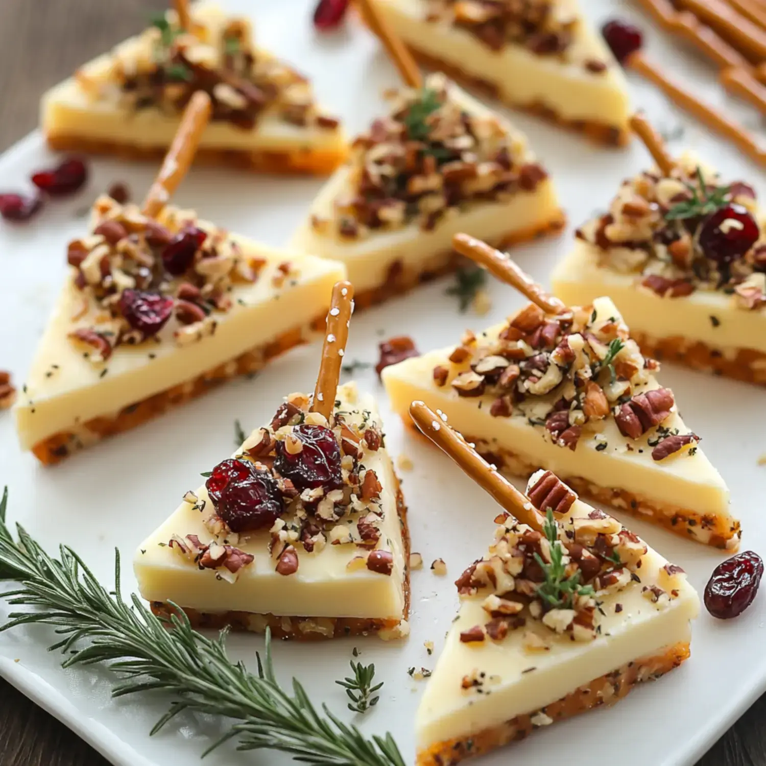 A plate of triangular dessert slices topped with crushed pecans, cranberries, and pretzel sticks, garnished with herbs.