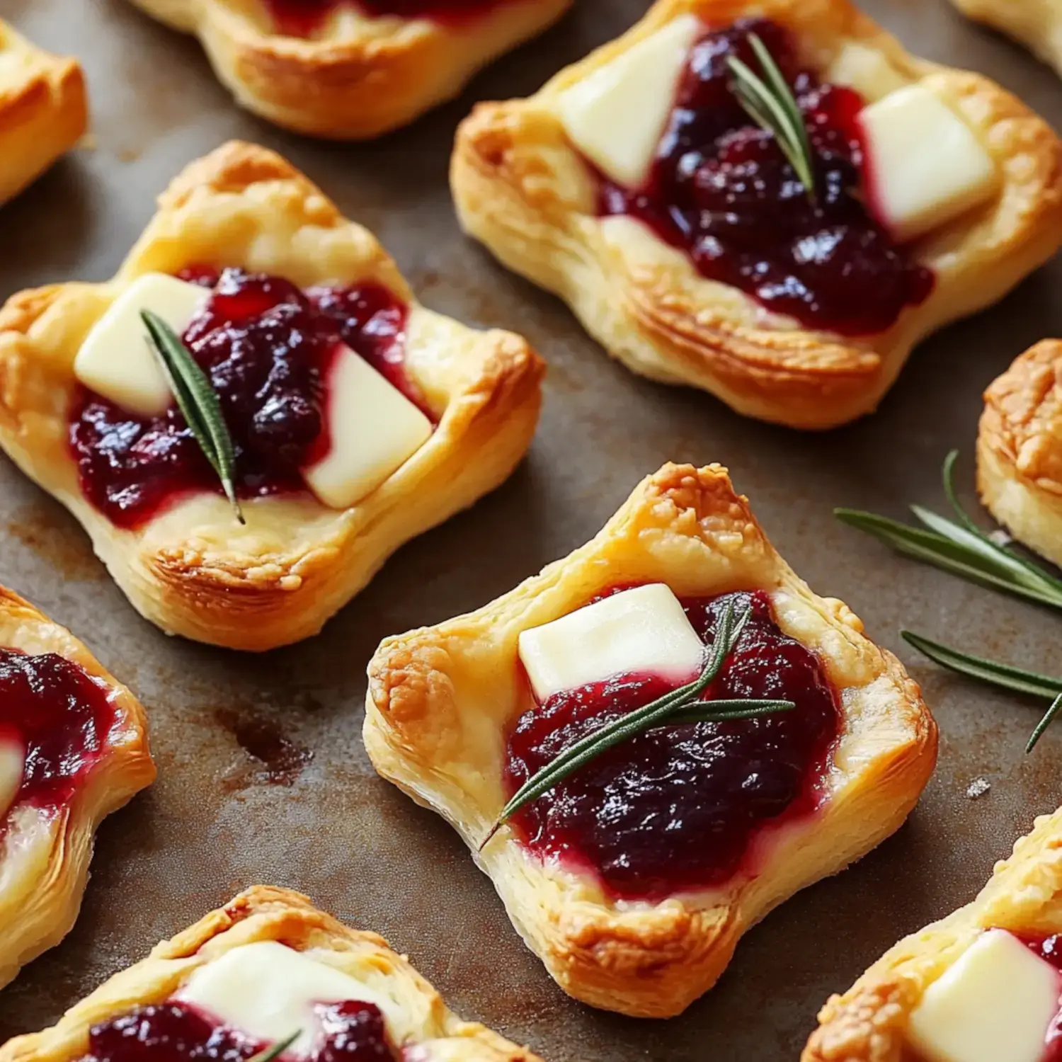 An assortment of flaky pastry squares topped with cranberry sauce, a pat of butter, and fresh rosemary, arranged on a baking sheet.