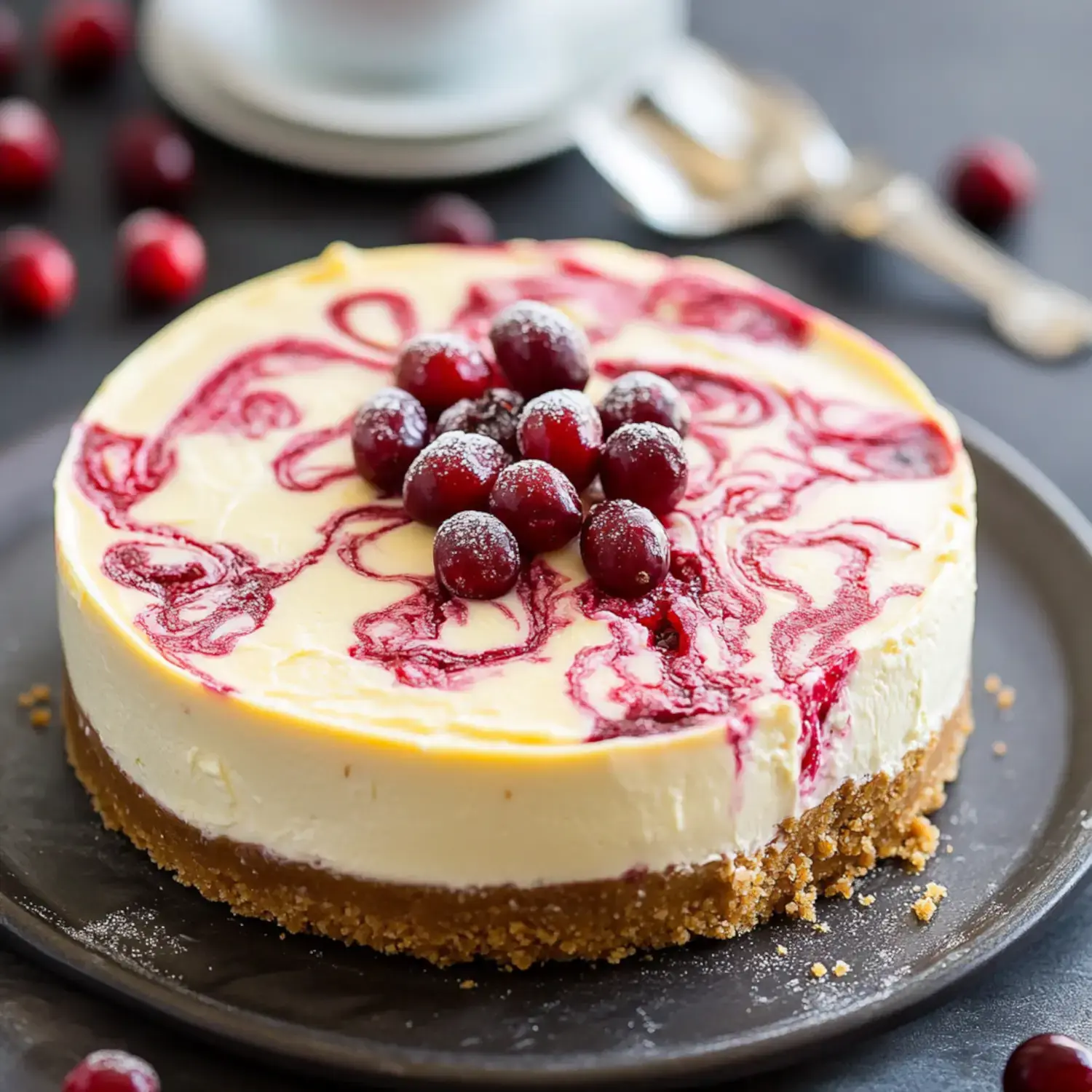 A delicious cheesecake topped with swirling raspberry sauce and fresh cranberries sits on a dark plate, surrounded by scattered cranberries.